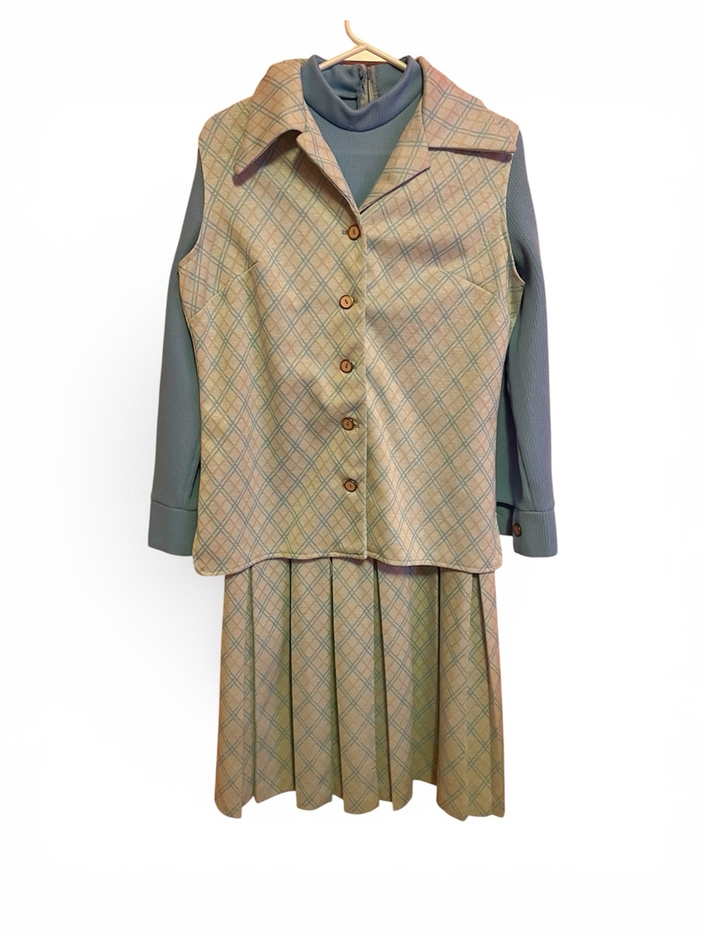 Plaid Long-Sleeve Layered Dress in Sage Blue with Vest
